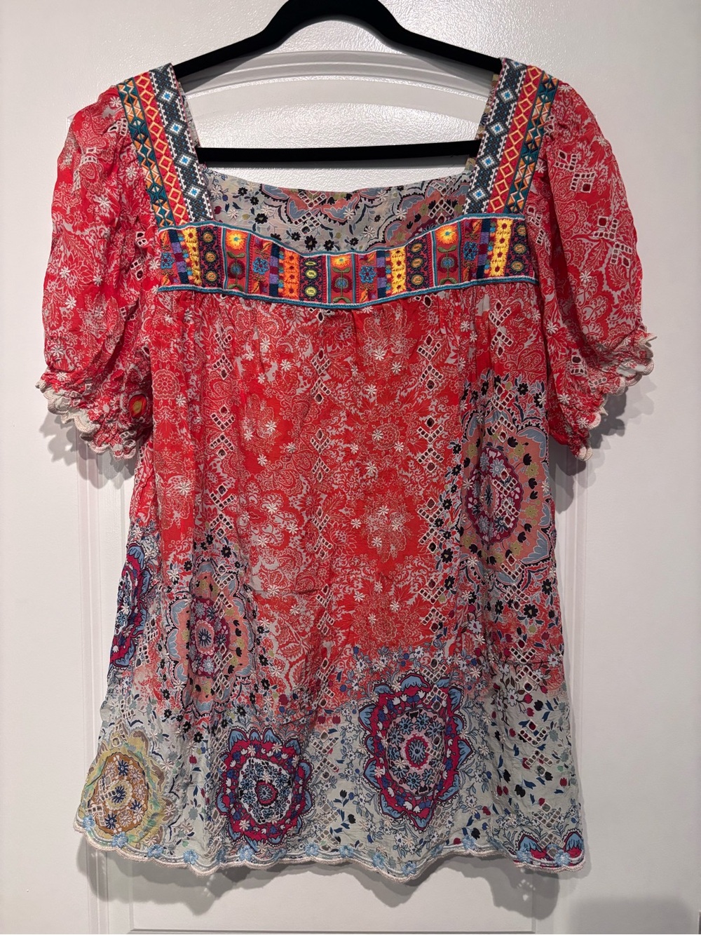 Johnny Was Red Floral-Print Embroidered Square-Neck Tunic